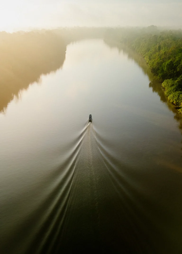 A small covered river boat drifting through mist on the Kinabatangan river at dawn