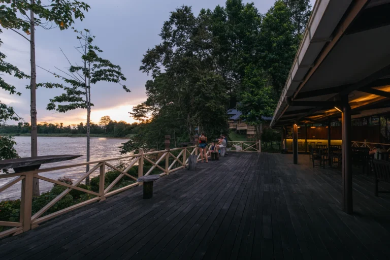A wooden jetty and covered river boat on the muddy Kinabatangan river with rainforest behind